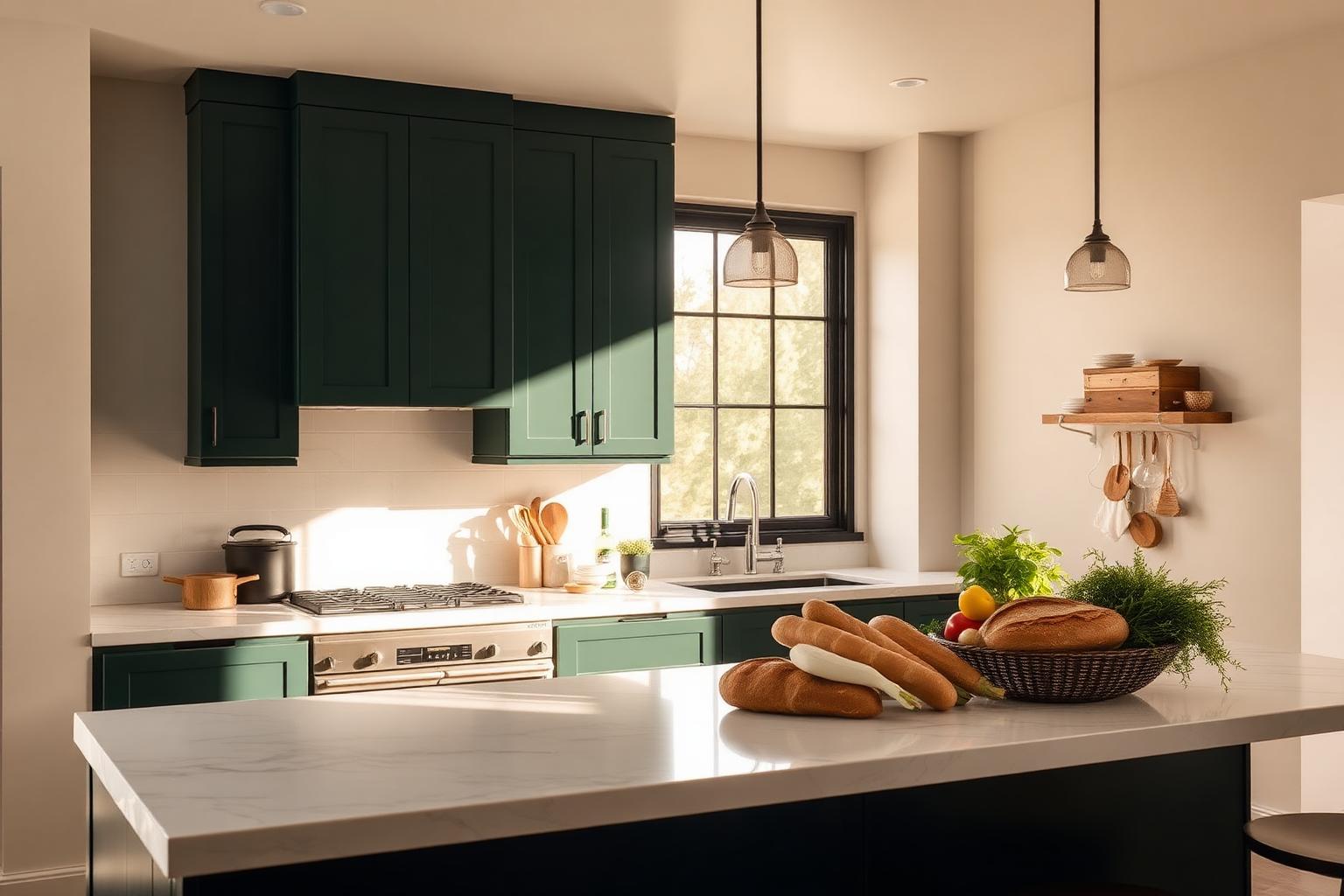 Sunlit modern kitchen with fresh produce on marble counters