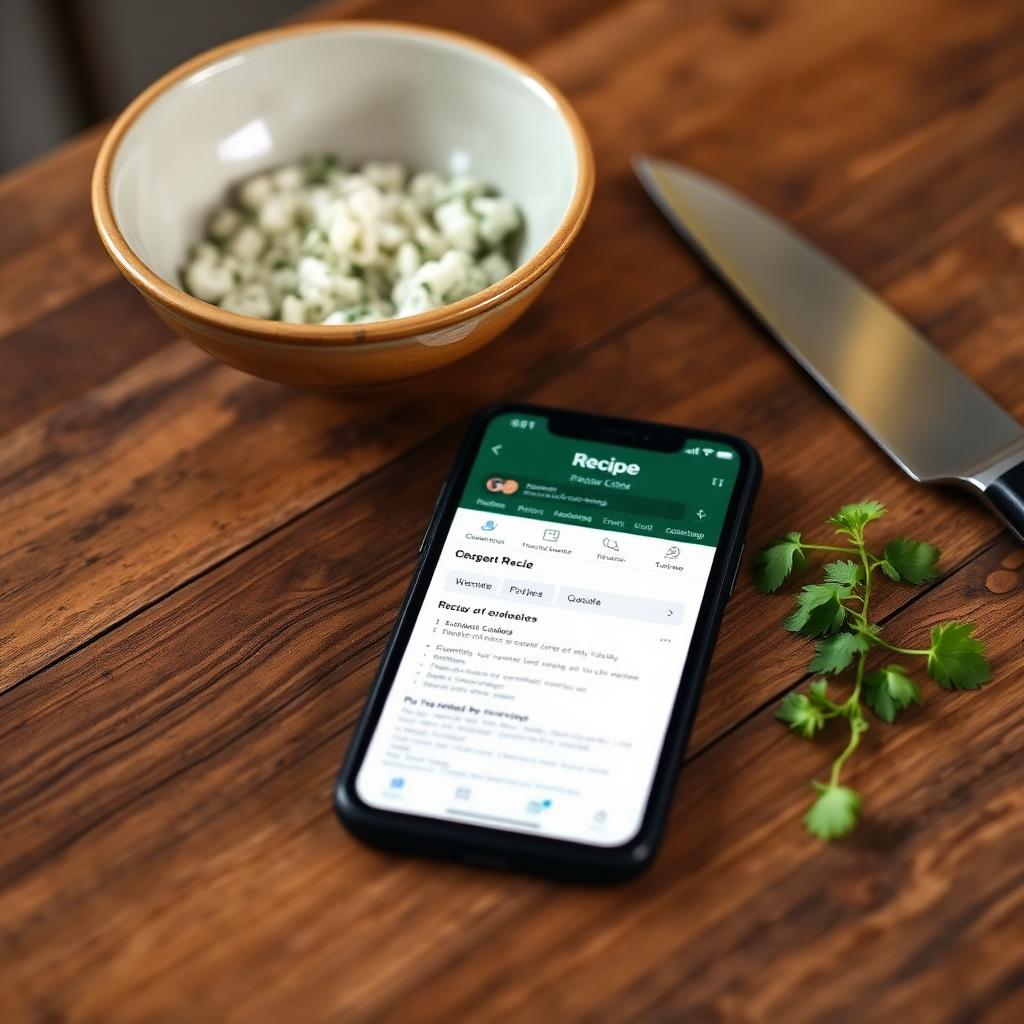 Phone displaying recipe app on a wooden table